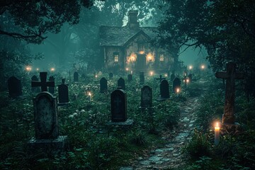 Mysterious haunted house in dark spooky forest at night with glowing lanterns
