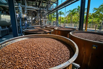 Large Metal Bins Filled with Coffee Beans in a Processing Plant