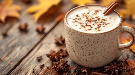 A chai tea latte with frothy milk and cinnamon on top, served in a ceramic mug, surrounded by scattered autumn spices, such as cardamom and star anise, placed on a wooden table,