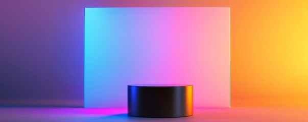 Spotlit podium in front of a large display screen, conference or debate setting, 3D illustration