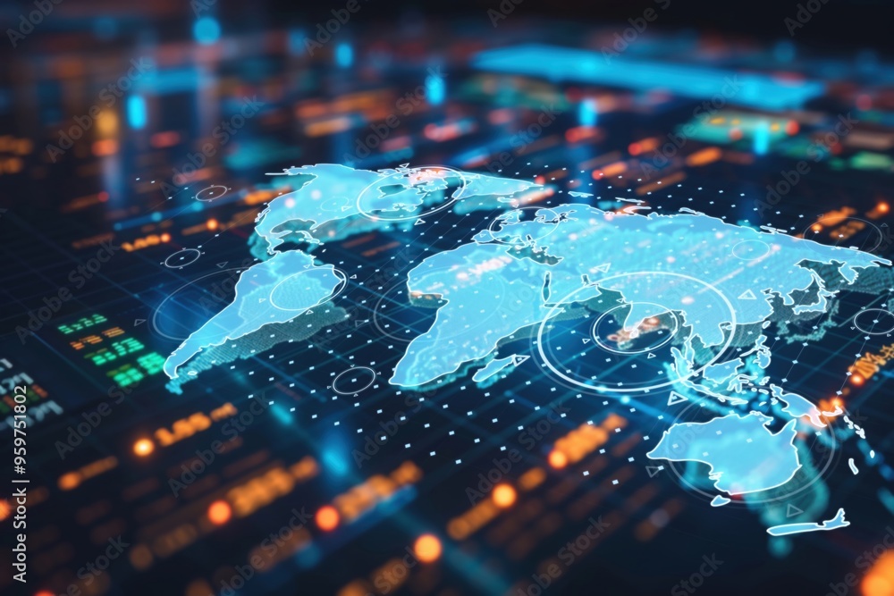 Aufkleber a digital world map illuminated by glowing connections and data points, representing global technolo