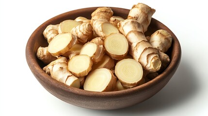 a bowl of sliced galangal, aromatic and earthy, soft light, isolated on white background