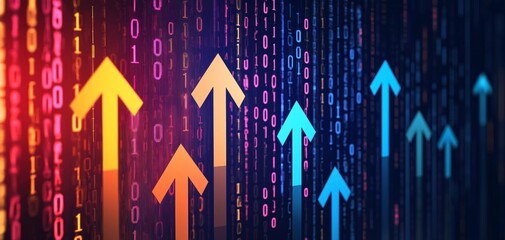 Fototapeta premium Vibrant arrows rising through a digital landscape, binary code in the background, symbolizing data growth and technology advancements