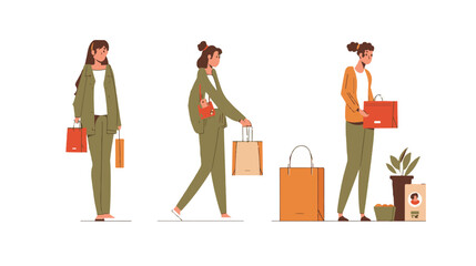 A woman chooses goods, pays online, and receives an order from a courier. Easy online shopping Vector flat illustrations