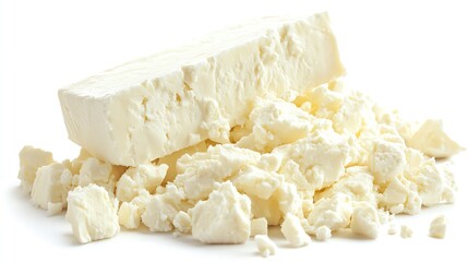 a chunk of feta cheese crumbling, Mediterranean style, white and soft, isolated on white background
