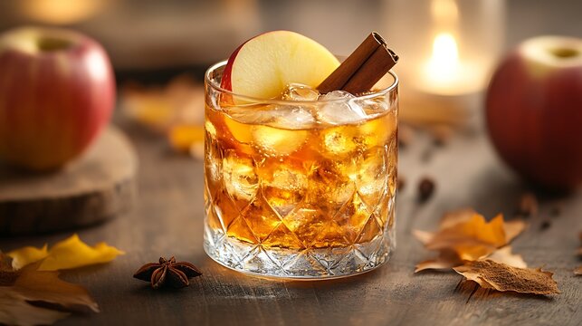 A close-up of a cinnamon apple old fashioned in a glass, with a cinnamon stick and apple slice garnish, placed on a rustic table surrounded by autumn leaves and spices,