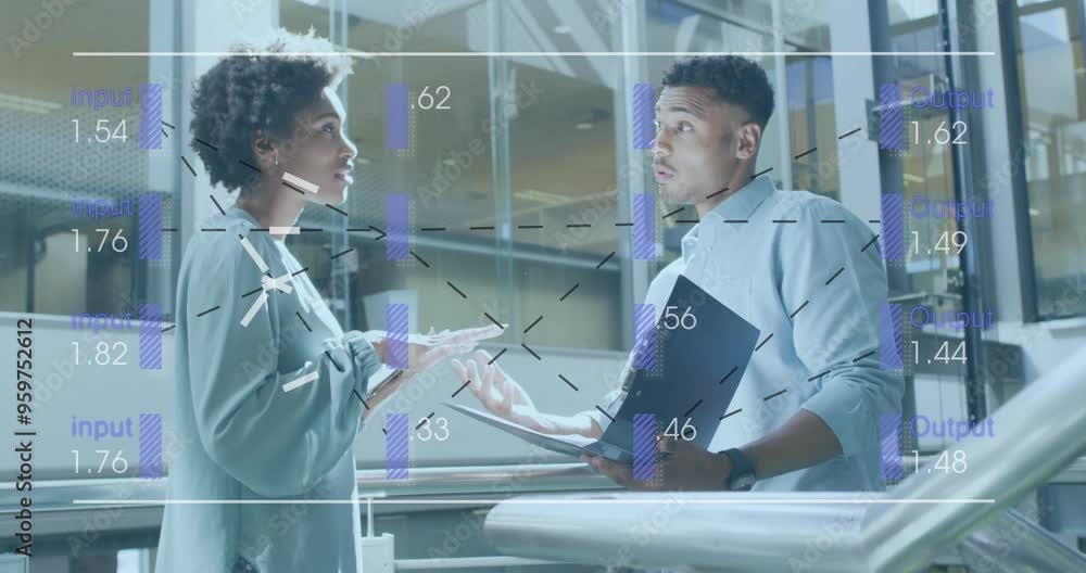 Poster discussing project, two business professionals with data processing animation over them