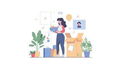 A woman chooses goods, pays online, and receives an order from a courier. Easy online shopping Vector flat illustrations