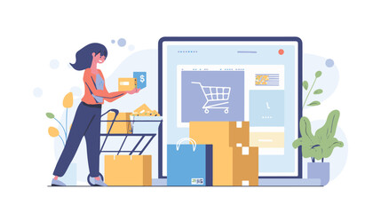 A woman chooses goods, pays online, and receives an order from a courier. Easy online shopping Vector flat illustrations
