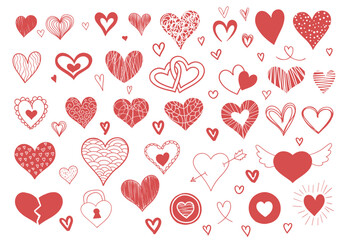 Flat vector illustration doodle hearts hand drawn. Hearts pattern for Valentine's Day.