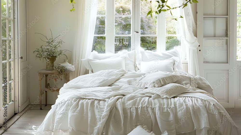 Canvas Prints A bed with white sheets and a ruffled bed skirt in a white room with large windows.