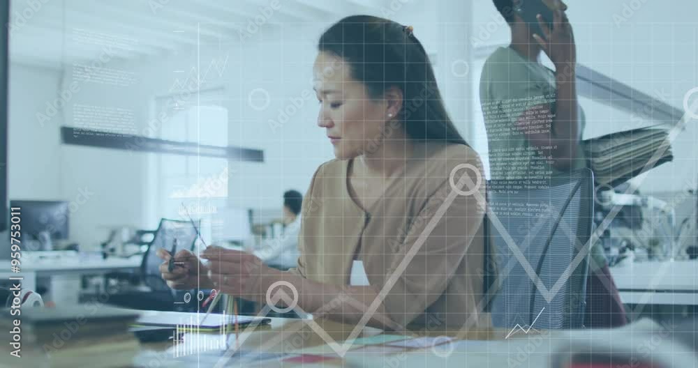 Poster analyzing data charts and graphs, woman working in modern office animation