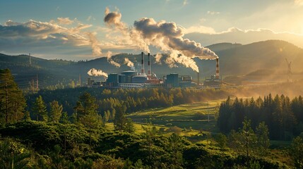 power plant with steam in the forest