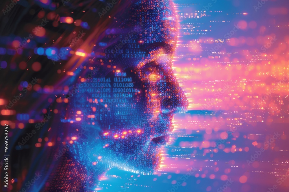 Poster an abstract digital representation of a human face emerges from a vibrant stream of binary code, sym