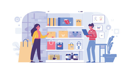 A woman chooses goods, pays online, and receives an order from a courier. Easy online shopping Vector flat illustrations