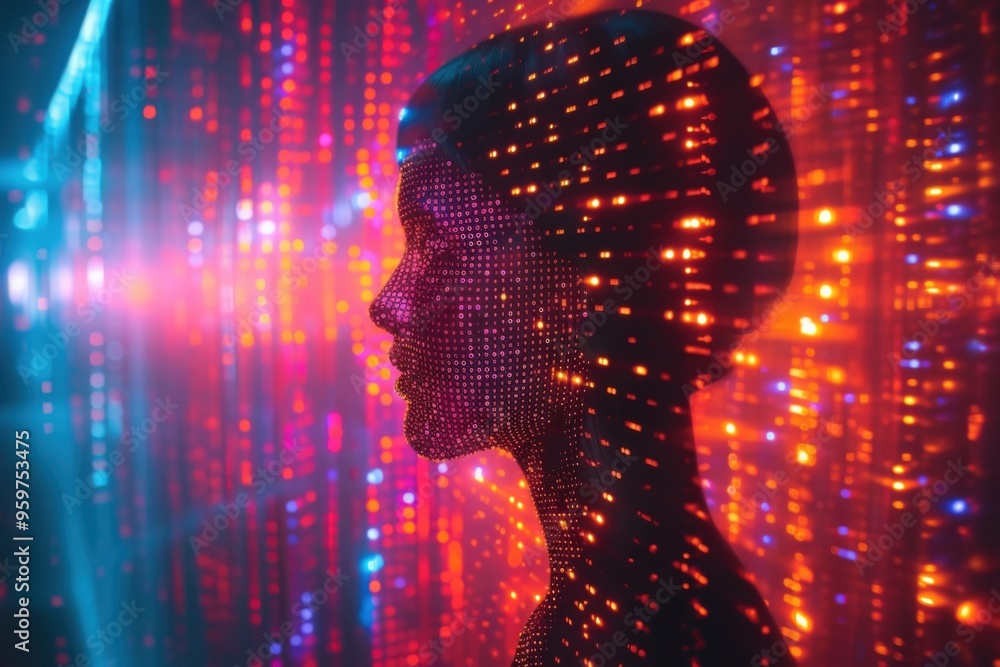 Poster a silhouette of a person illuminated by vibrant binary lights, creating a mesmerizing digital atmosp