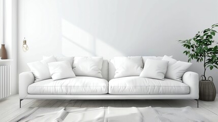 A white couch in a minimalist living room with a plant in a basket.
