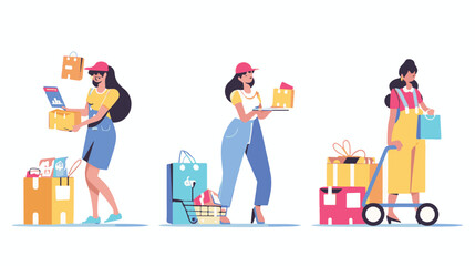 A woman chooses goods, pays online, and receives an order from a courier. Easy online shopping Vector flat illustrations