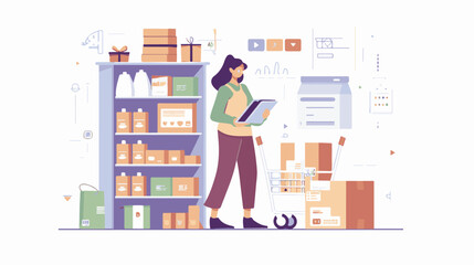 A woman chooses goods, pays online, and receives an order from a courier. Easy online shopping Vector flat illustrations
