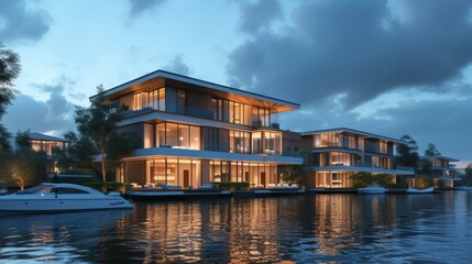 Obraz premium Elegant, modern houses with large glass windows are illuminated against the evening sky, reflecting beautifully on the calm waters. This image highlights luxury, contemporary architecture, and serene