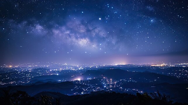 Starry sky above city lights. Perfect for travel, landscape, or night time scenes.