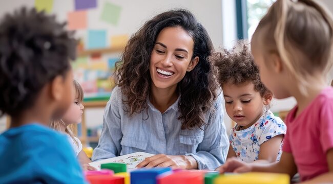 Smiling Teacher Engaging with Diverse Preschool Children During Playtime