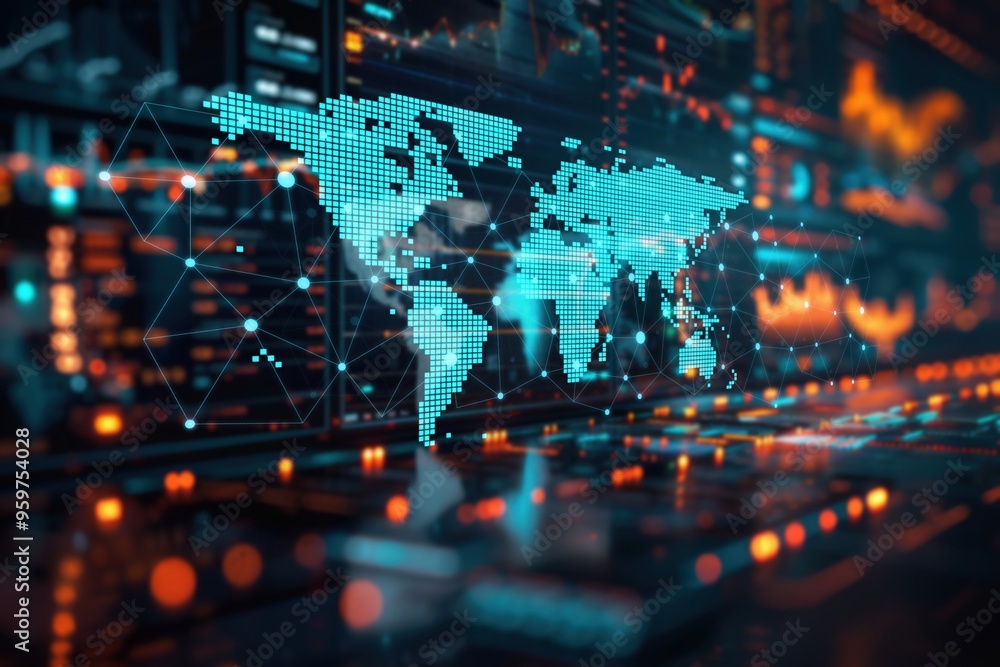 Aufkleber a visually striking digital world map with vibrant data visualizations representing global connectiv