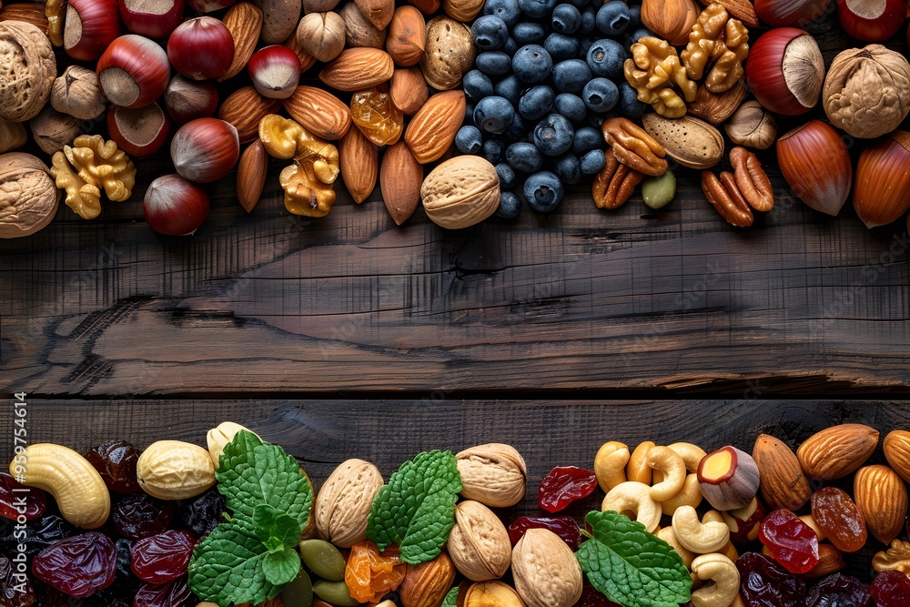 Poster a colorful array of nuts and berries on rustic wood