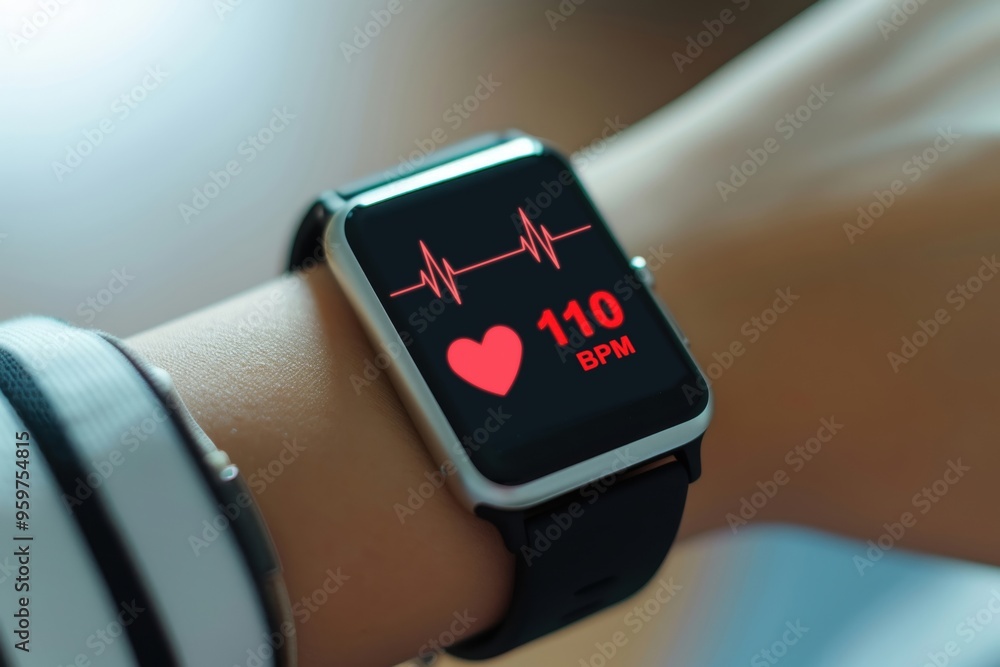 Poster a modern smartwatch on a wooden surface shows a heart rate monitor feature with a vivid display of t