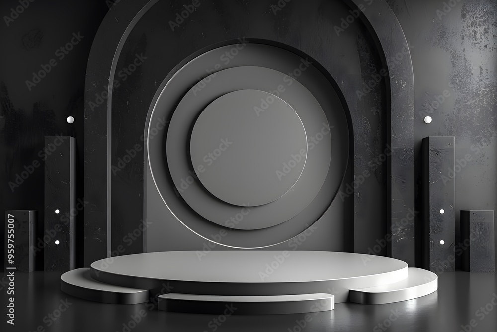 Poster modern minimalist stage design with circular elements and dark background
