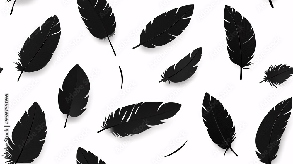 Poster black feathers on white seamless pattern: a delicate scattering of black feathers on a pristine whit