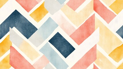 Fototapeta premium Watercolor Herringbone Harmony seamless pattern: A vibrant, geometric pattern of watercolor chevron stripes in coral, navy, yellow, and grey. 