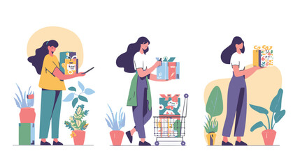 A woman chooses goods, pays online, and receives an order from a courier. Easy online shopping Vector flat illustrations