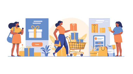 A woman chooses goods, pays online, and receives an order from a courier. Easy online shopping Vector flat illustrations
