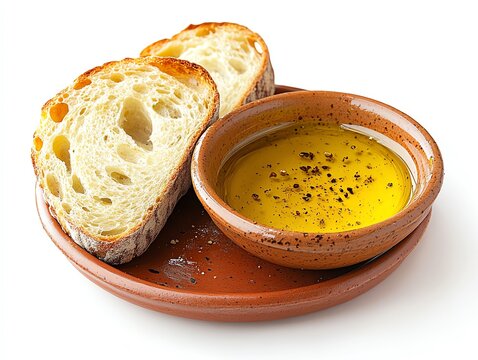 a small dish of olive oil with a bread slice, dipping setup, soft and inviting, isolated on white background