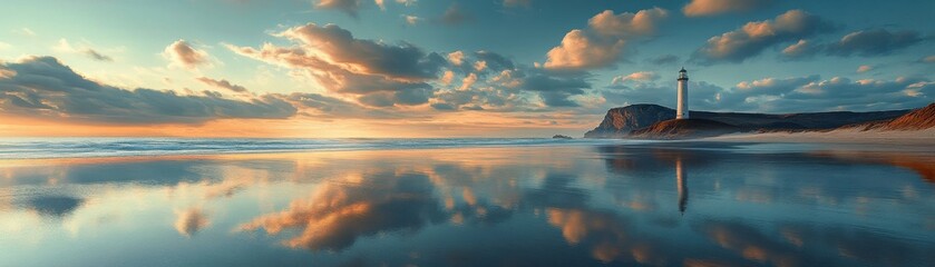 Obraz premium Serene lighthouse at sunset, reflecting on calm water, creating a picturesque coastal landscape with vibrant colors and clouds.