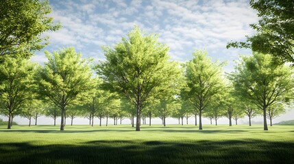 Fototapeta premium Vibrant green trees in a tranquil park under a cloudy blue sky