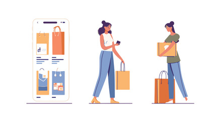 A woman chooses goods, pays online, and receives an order from a courier. Easy online shopping Vector flat illustrations