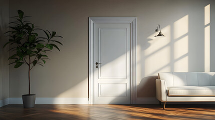 Room design interior with closed door.