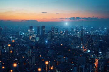 Fototapeta premium Stunning cityscape at dusk, showcasing glowing skyscrapers and vibrant lights against a serene sunset sky.