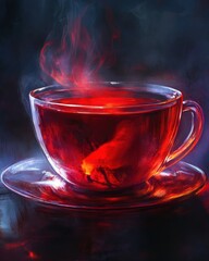 A steaming cup of red tea with a tea bag visible in the bottom of the cup, on a saucer against a dark background.