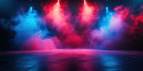 Fototapeta premium Theatrical stage illuminated by dramatic red and blue spotlights with a smoky atmosphere, creating a moody and intense setting perfect for concerts, performances, or cinematic presentations. 