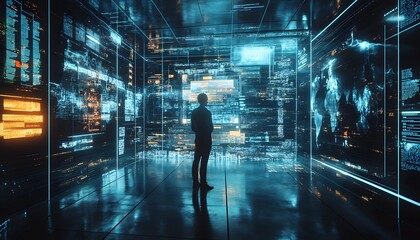 Fototapeta premium A lone figure standing in a futuristic room filled with digital data displays