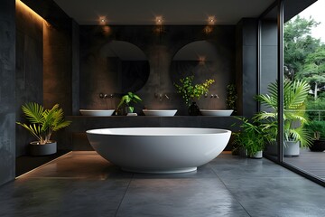 Fototapeta premium Modern Minimalist Bathroom with Elegant Bathtub and Lush Greenery