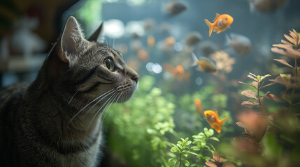  A cat watching a fish tank from the shadows of a dimly lit room, the water inside glowing with ethereal light