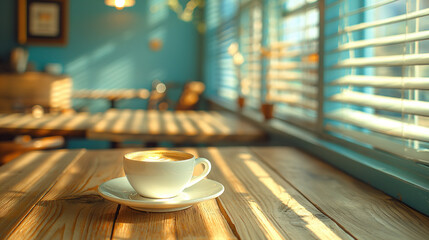  A lonely coffee cup on a table in an empty café, sunlight casting dramatic, elongated shadows from the blinds