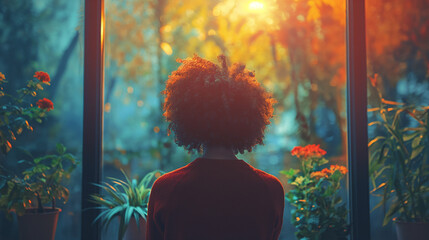 A person standing in front of a mirror, but their reflection is a distant memory, showing an entirely different scene behind them