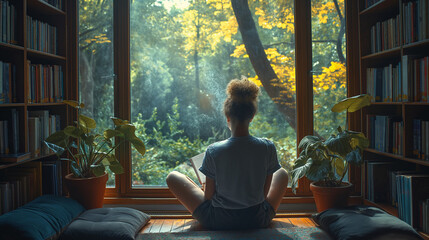 A person sitting by a window in a cozy library reading a book