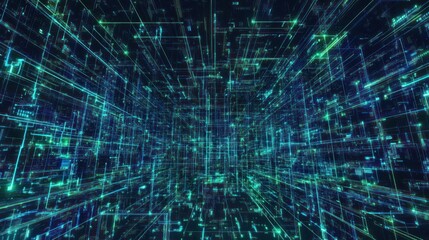 Obraz premium A high-tech background featuring a grid of interconnected digital circuits glowing in blue and green tones