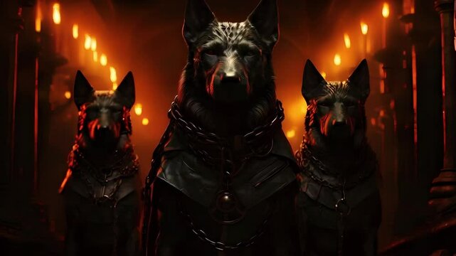 Video recreation of three dogs as Cerberus dog, hound of Hades, hell gates keeper